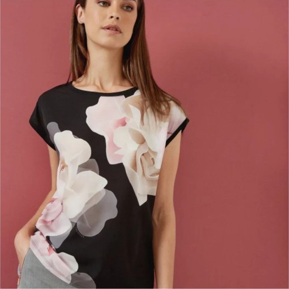 Ted Baker Bellsi Porcelain Rose Top Blouse Cap Sleeve Floral Pink Black 0 XS
